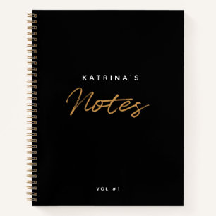 Custom Modern Black Gold Minimalist Script Notebook