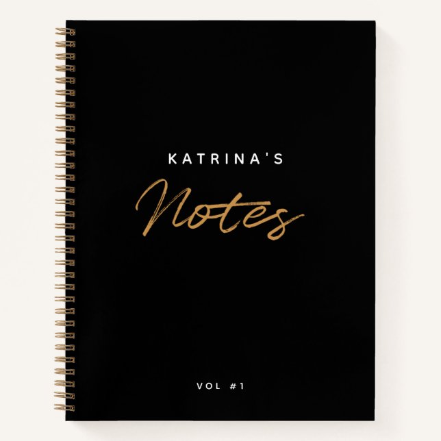 Custom Modern Black Gold Minimalist Script Notebook (Front)