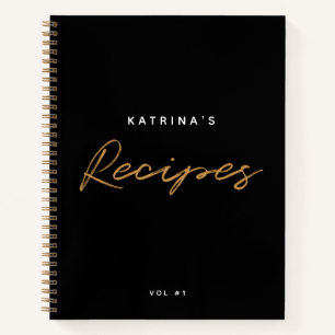 Custom Modern Black Gold Minimalist Script Recipe Notebook