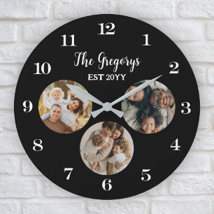 Custom Modern Black Photo Collage Established Year Large Clock