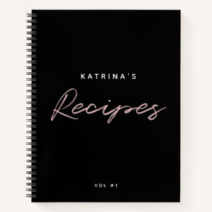 Custom Modern Black Pink Minimalist Script Recipe Notebook