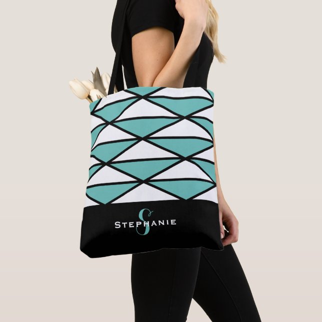 Custom Modern Black Teal Chic Geometric Pattern Tote Bag (Close Up)