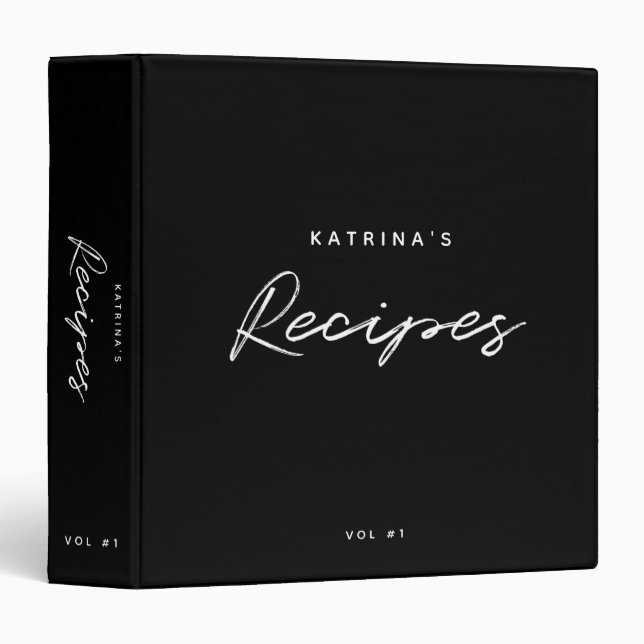 Custom Modern Black White Minimalist Script Recipe Binder (Front/Spine)