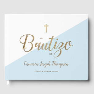 Custom Modern Blue gold Cross Baby Bautizo Guest Book
