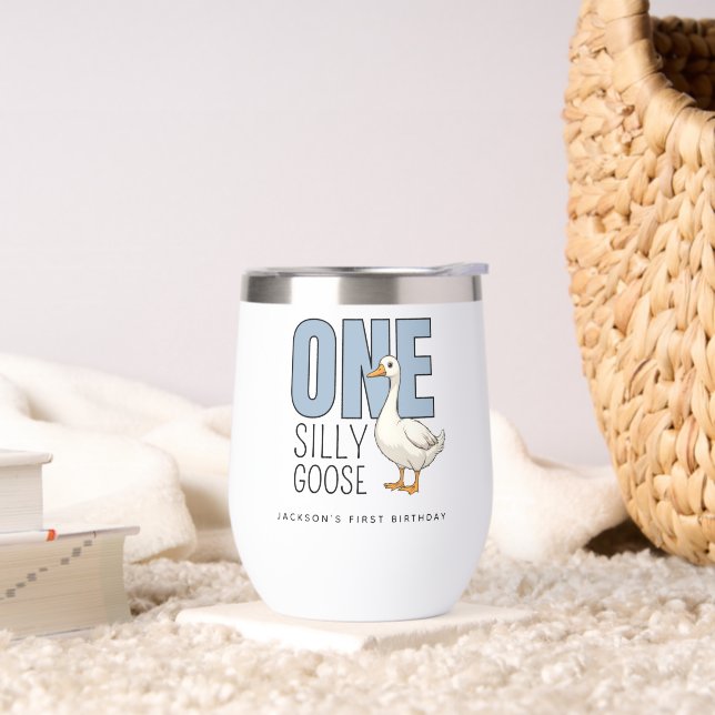 Custom Modern Blue One Silly Goose First Birthday (Living Room)