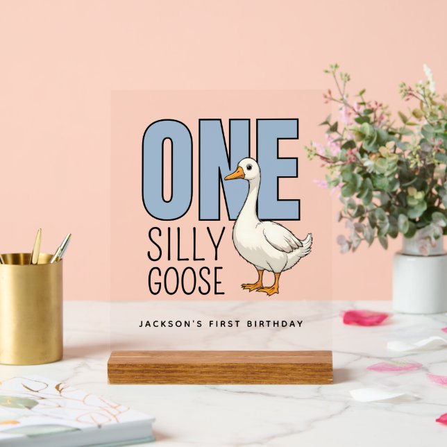 Custom Modern Blue One Silly Goose First Birthday (Mariage)