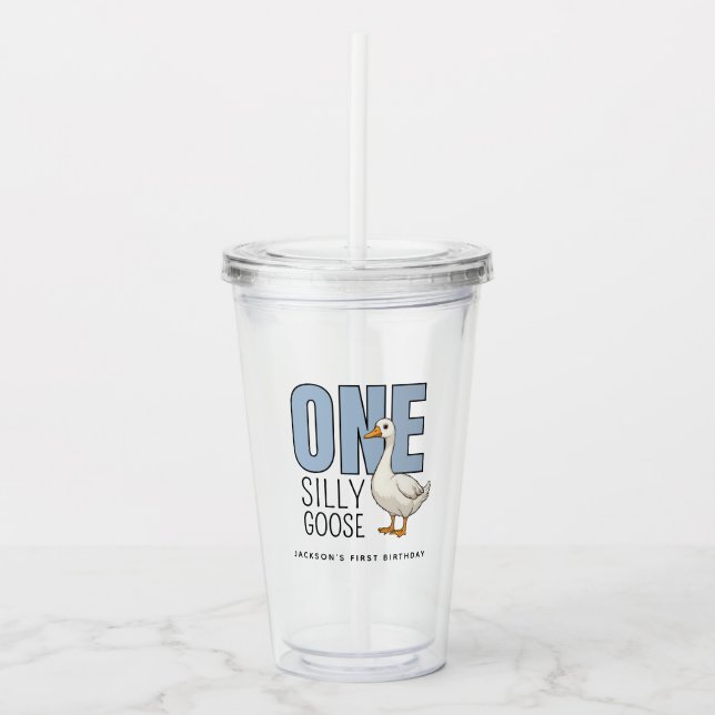 Custom Modern Blue One Silly Goose First Birthday Acrylic Tumbler (Front)