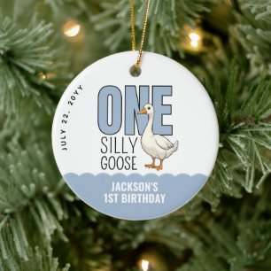 Custom Modern Blue One Silly Goose First Birthday Ceramic Ornament