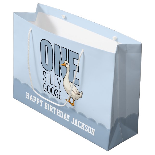 Custom Modern Blue One Silly Goose First Birthday Large Gift Bag (Front Angled)