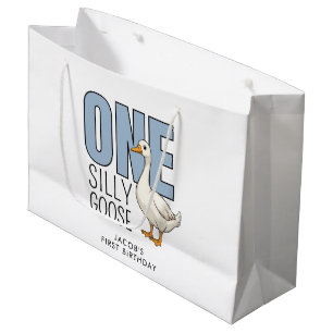 Custom Modern Blue One Silly Goose First Birthday Large Gift Bag