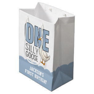 Custom Modern Blue One Silly Goose First Birthday Medium Gift Bag
