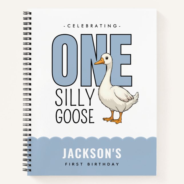 Custom Modern Blue One Silly Goose First Birthday Notebook (Front)