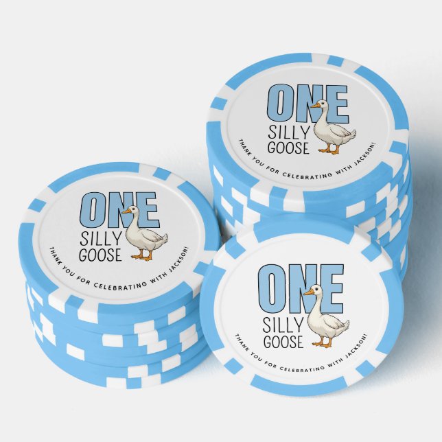 Custom Modern Blue One Silly Goose First Birthday Poker Chips (Stack)