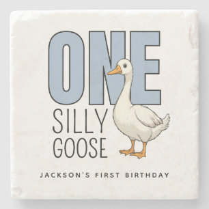Custom Modern Blue One Silly Goose First Birthday Stone Coaster