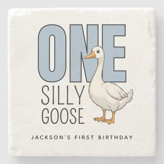 Custom Modern Blue One Silly Goose First Birthday Stone Coaster (Front)