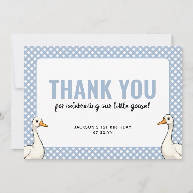 Custom Modern Blue One Silly Goose First Birthday Thank You Card (Back)