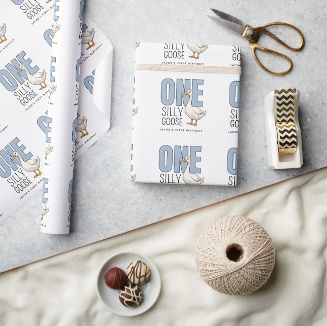 Custom Modern Blue One Silly Goose First Birthday Wrapping Paper (Crafts)