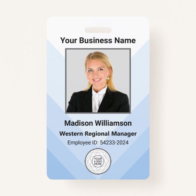 Custom Modern Blue White Business Employee Photo Badge (Front)