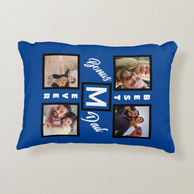 Custom Modern Bonus Dad Stepdad 4 Photo Collage Accent Pillow (Back)