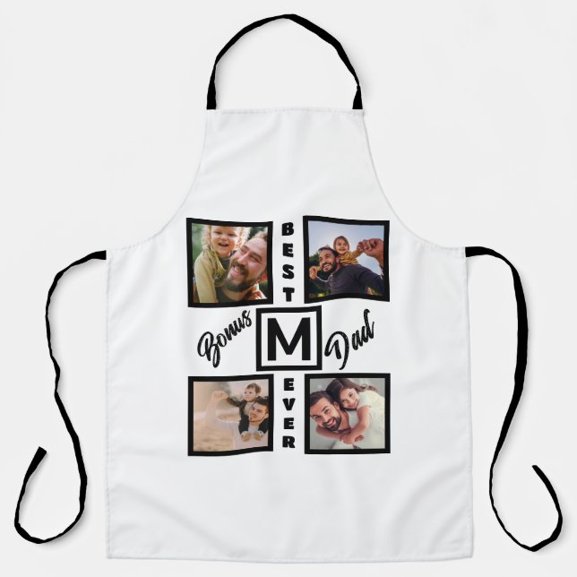 Custom Modern Bonus Dad Stepdad 4 Photo Collage Apron (Front)