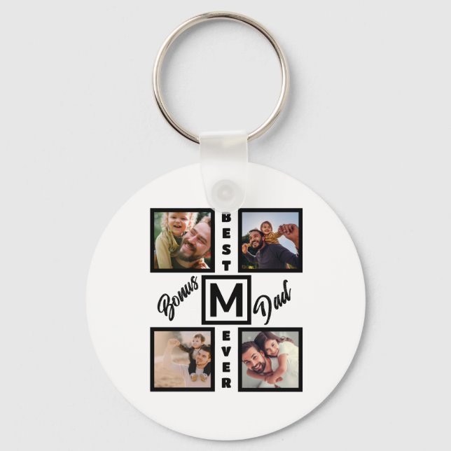 Custom Modern Bonus Dad Stepdad 4 Photo Collage Keychain (Front)