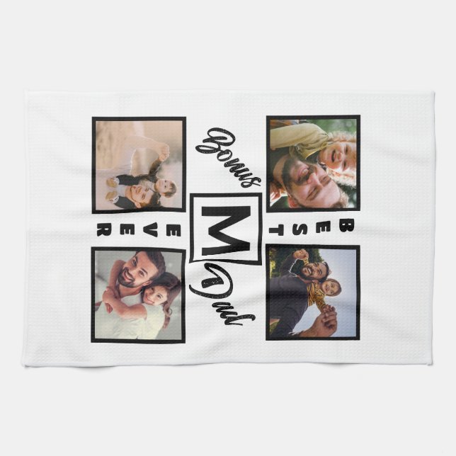 Custom Modern Bonus Dad Stepdad 4 Photo Collage Kitchen Towel (Horizontal)
