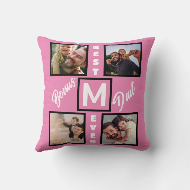 Custom Modern Bonus Dad Stepdad 4 Photo Collage Throw Pillow (Back)