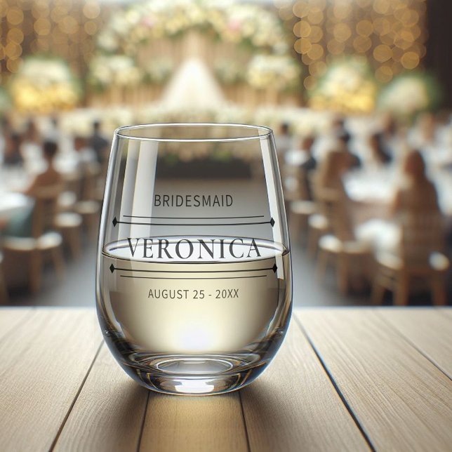 Custom Modern Bridesmaid Name Black Wedding Date Stemless Wine Glass (Creator Uploaded)