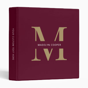 Custom Modern Burgundy Gold Monogram Office School Binder