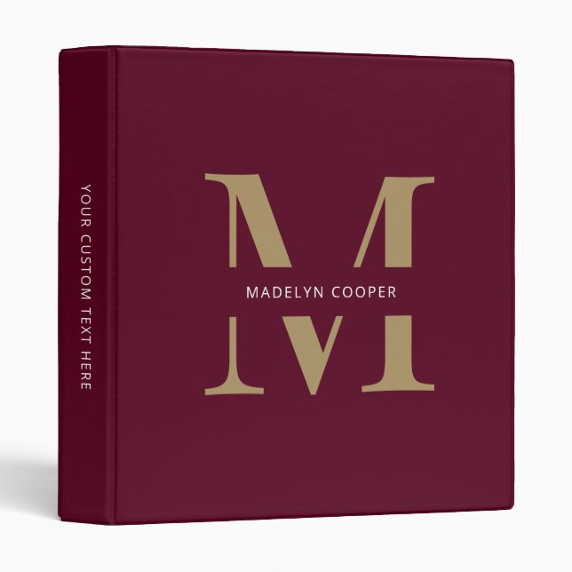 Custom Modern Burgundy Gold Monogram Office School Binder (Front/Spine)