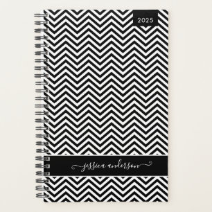 Custom Modern Chevron Zigzag Black Girly Script Planner