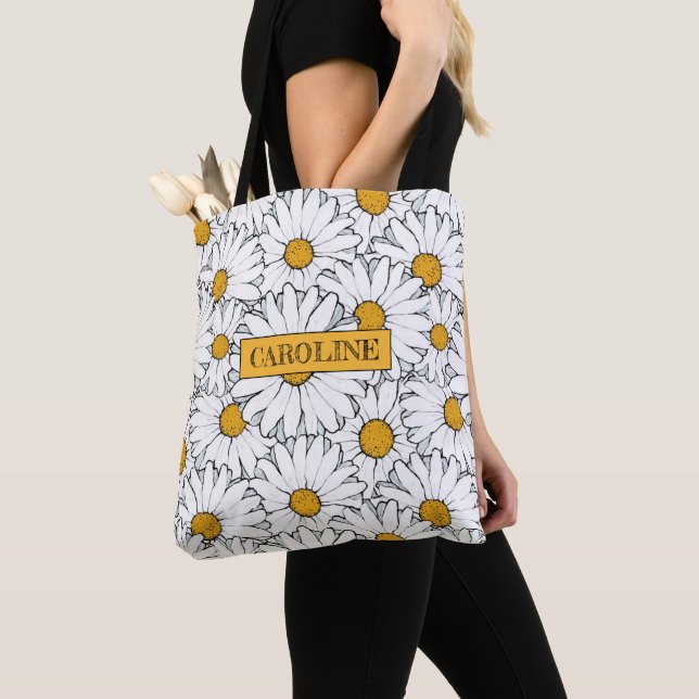 Custom Modern Chic Ornate Daisy Floral Pattern Tote Bag (Close Up)