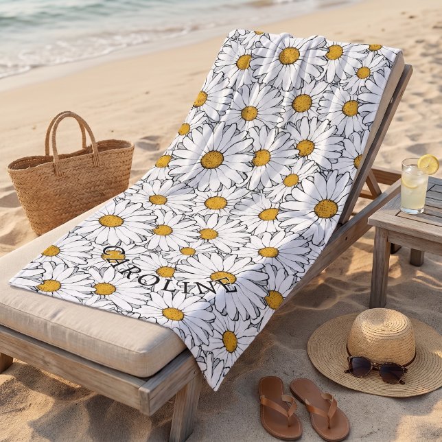 Custom Modern Chic Summer Daisy Floral Pattern Bea Beach Towel (Creator Uploaded)