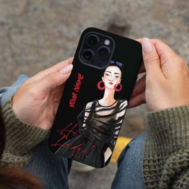 Custom Modern City Girl Black Red Graphic iPhone 16 Case (The modern phone case with a fashionable lady in black, confident and high fashion, on zebra shirt.)