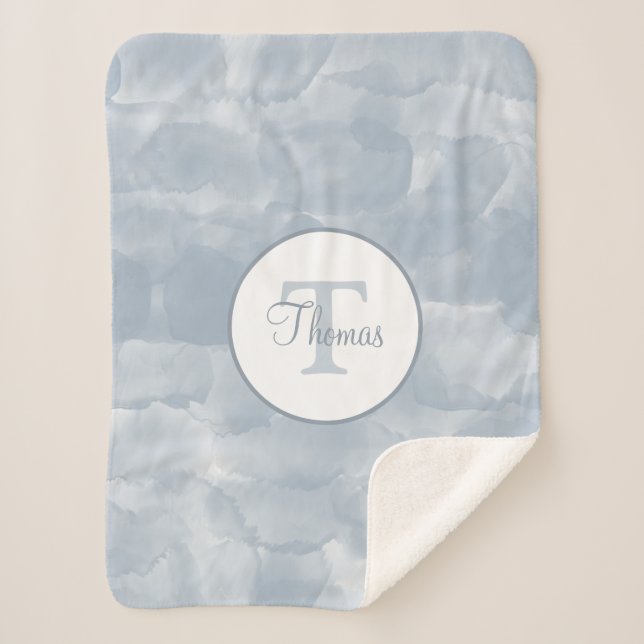 Custom Modern Dusty Blue Watercolor Brush Strokes Sherpa Blanket (Front)