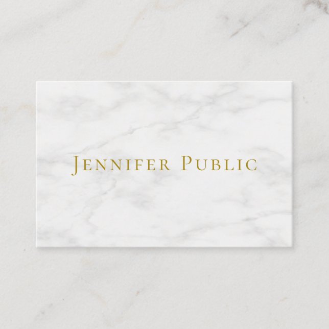 Custom Modern Elegant Gold Text White Marble Business Card (Front)