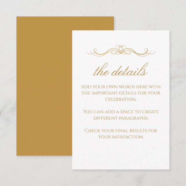 Custom Modern Elegant Gold & White Wedding Details Enclosure Card (Front/Back)
