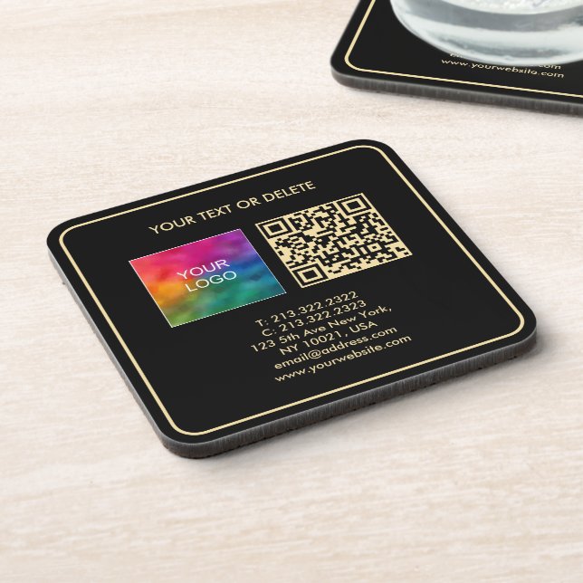 Custom Modern Elegant Template QR Code Black Gold Coaster (Left Side)