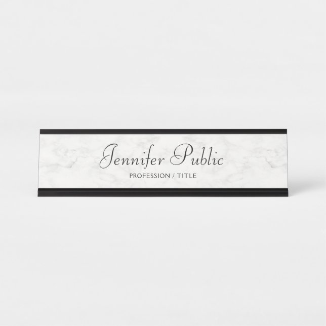 Custom Modern Elegant White Marble Hand Script Desk Name Plate (Front)