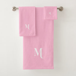 Custom Modern Elegant White Monogram Initial Pink Bath Towel Set