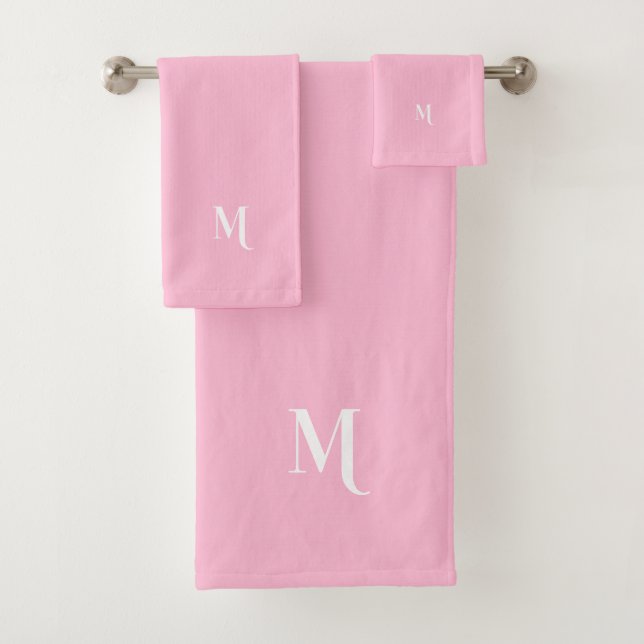 Custom Modern Elegant White Monogram Initial Pink Bath Towel Set (Insitu)