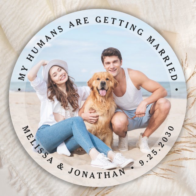 Custom Modern Engagement Pet Wedding Dog Photo Classic Round Sticker (Creator Uploaded)