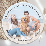 Custom Modern Engagement Pet Wedding Dog Photo Coaster<br><div class="desc">Celebrate your engagement and give unique dog wedding save the dates with these custom photo, and personalized 'My Humans Are Getting Married" wedding save the date coaster. Customize with your favourite photos, names and date. This custom photo wedding coaster is perfect for engagement party favours, and an alternative to dog...</div>