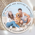 Custom Modern Engagement Pet Wedding Dog Photo Round Paper Coaster<br><div class="desc">Celebrate your engagement and give unique dog wedding save the dates with these custom photo, and personalized 'My Humans Are Getting Married" wedding save the date coaster. Customize with your favourite photos, names and date. This custom photo wedding coaster is perfect for engagement party favours, and an alternative to dog...</div>