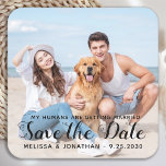 Custom Modern Engagement Pet Wedding Dog Photo Square Paper Coaster<br><div class="desc">Add the finishing touch to your dog wedding save the dates with these custom photo, and personalized 'My Humans Are Getting Married... Save The Date' stickers. Customize with your favourite photo, names and date. These pet wedding dog save the date stickers are perfect for engagement party, save the date pet...</div>