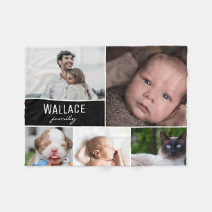 Custom Modern Family Photo Collage with lastname Fleece Blanket