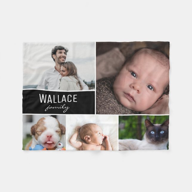 Custom Modern Family Photo Collage with lastname Fleece Blanket (Front (Horizontal))