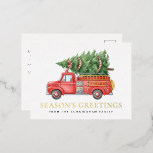 Custom Modern Firefighter Christmas Fire Truck  Foil Holiday Postcard