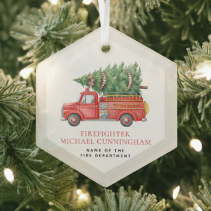 Custom Modern Firefighter Christmas Fire Truck  Glass Ornament