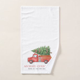 Custom Modern Firefighter Christmas Fire Truck  Hand Towel
